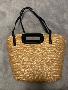 Straw Tote Bag with Black Handles